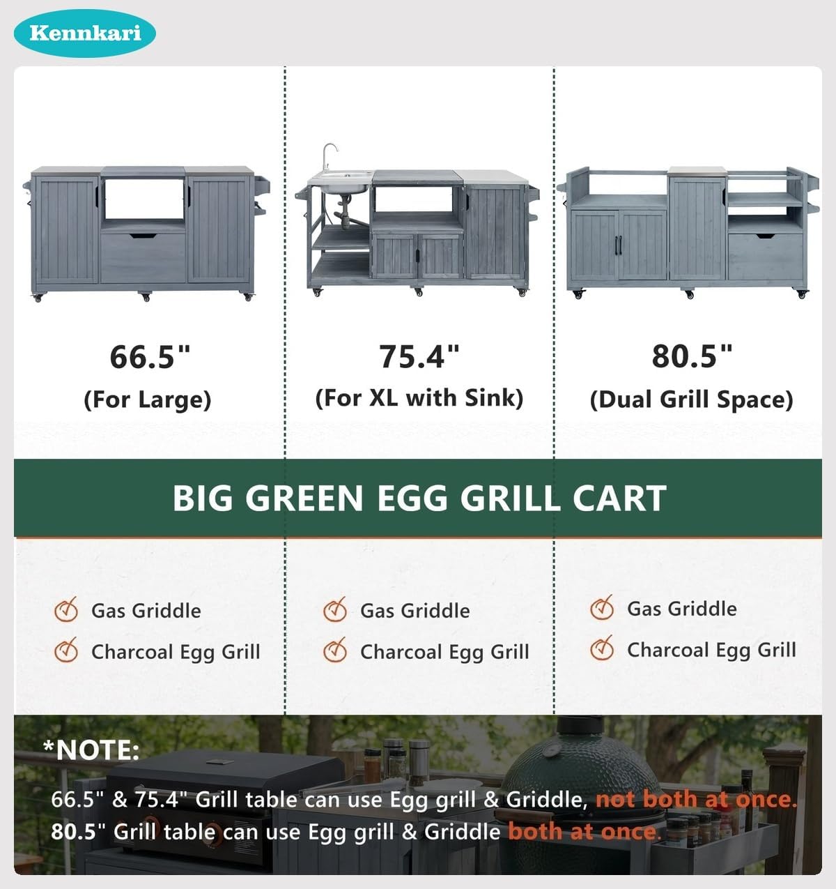 80.5" Outdoor Kitchen Island for Big Green Egg and Stainless Steel Top, Solid Wood Grill Cart with Blackstone Griddle, Rolling Bar Cart with Drawer for Pizza Prep and BBQ (Blue)