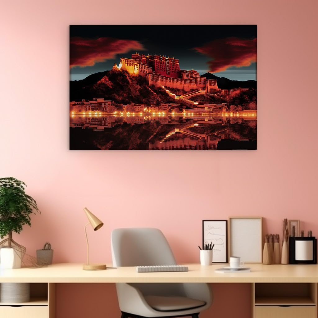 Canvas for Living room. Illuminated Majesty: A Night at the Potala Palace in Red, 27 x 18 inch Canvas Wall Art - Ready to Hang - 69x46 cm (27x18 inch)