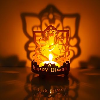 Daifunli Diwali Tea Light Candle Holder Metal Ganesha Shadow Lotus Ghee Oil Lamp Holders Diyas Gifts for Diwali Pooja Buddhist Altar Supplies for Temples Decor Gift Pooja Temple Mandir Ganesha
