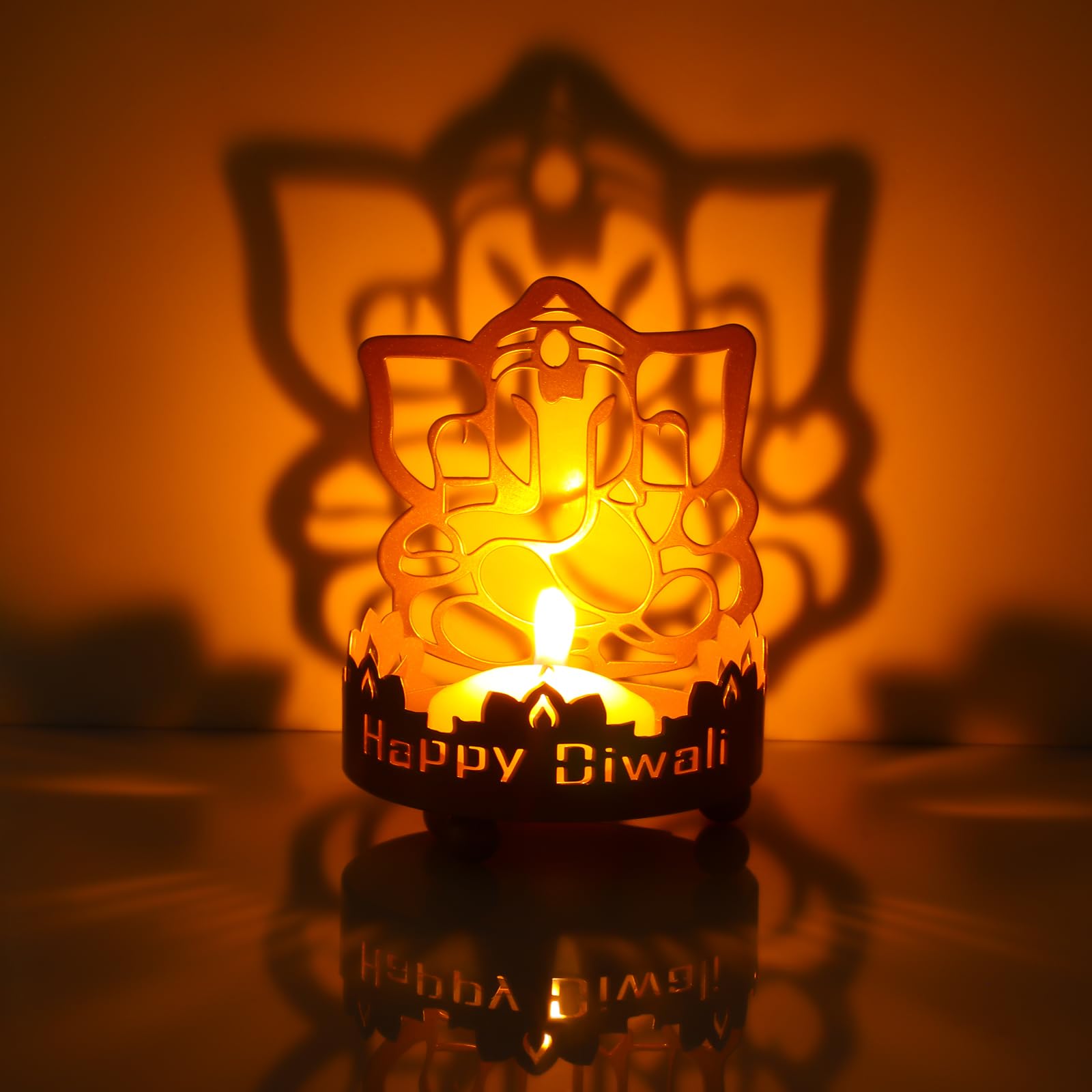 Daifunli Diwali Tea Light Candle Holder Metal Ganesha Shadow Lotus
