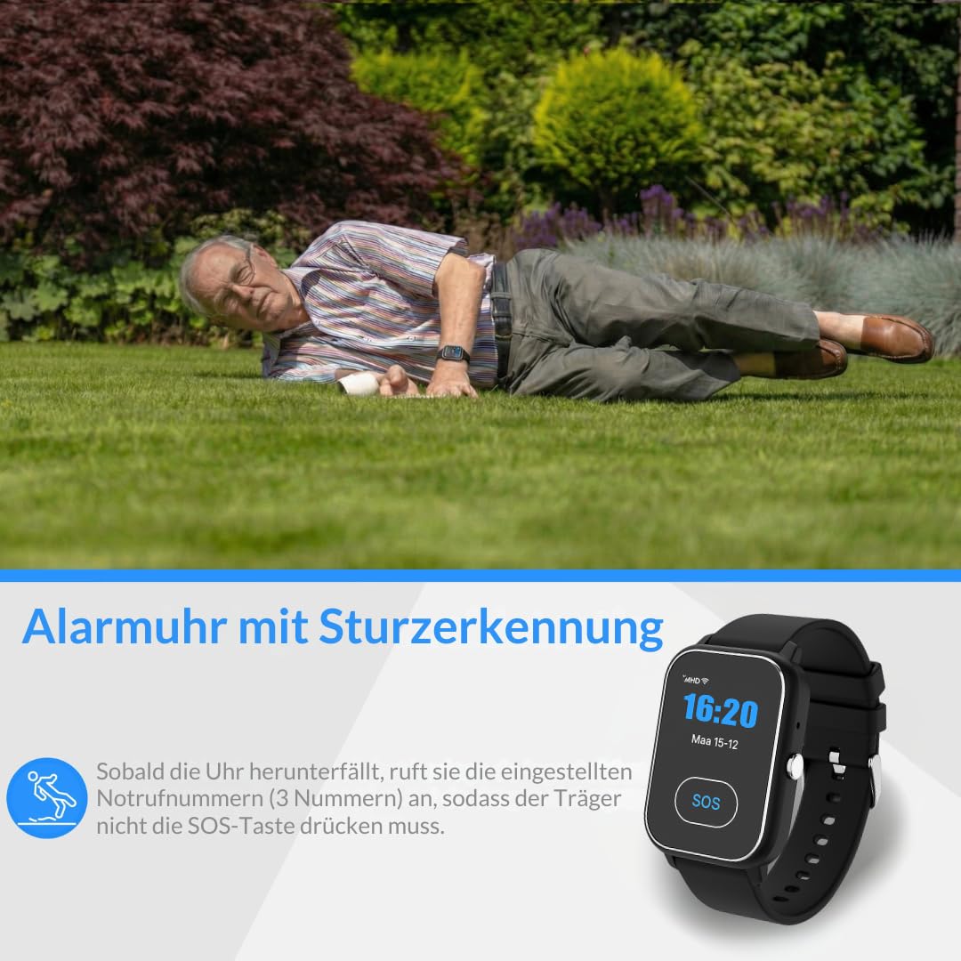 KUUS. S4 Notruf Uhr mit Sturzerkennung - Notrufknopf für Senioren - GPS Tracker Senioren mit Ortung. Senioren Smartwatch mit SIM Karte ohne Handy - Demenz Uhr Hilfsmittel Notfallarmband Erwachsene