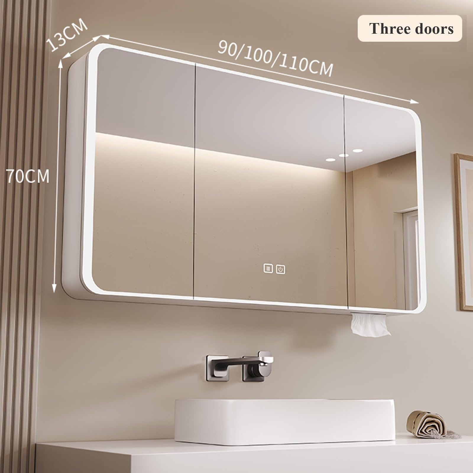 Armadietto da bagno con specchio da parete con luce, anti-appannamento, 90 cm / 35.4in, soluzione moderna bianca per riporre spazio e illuminazione migliorata