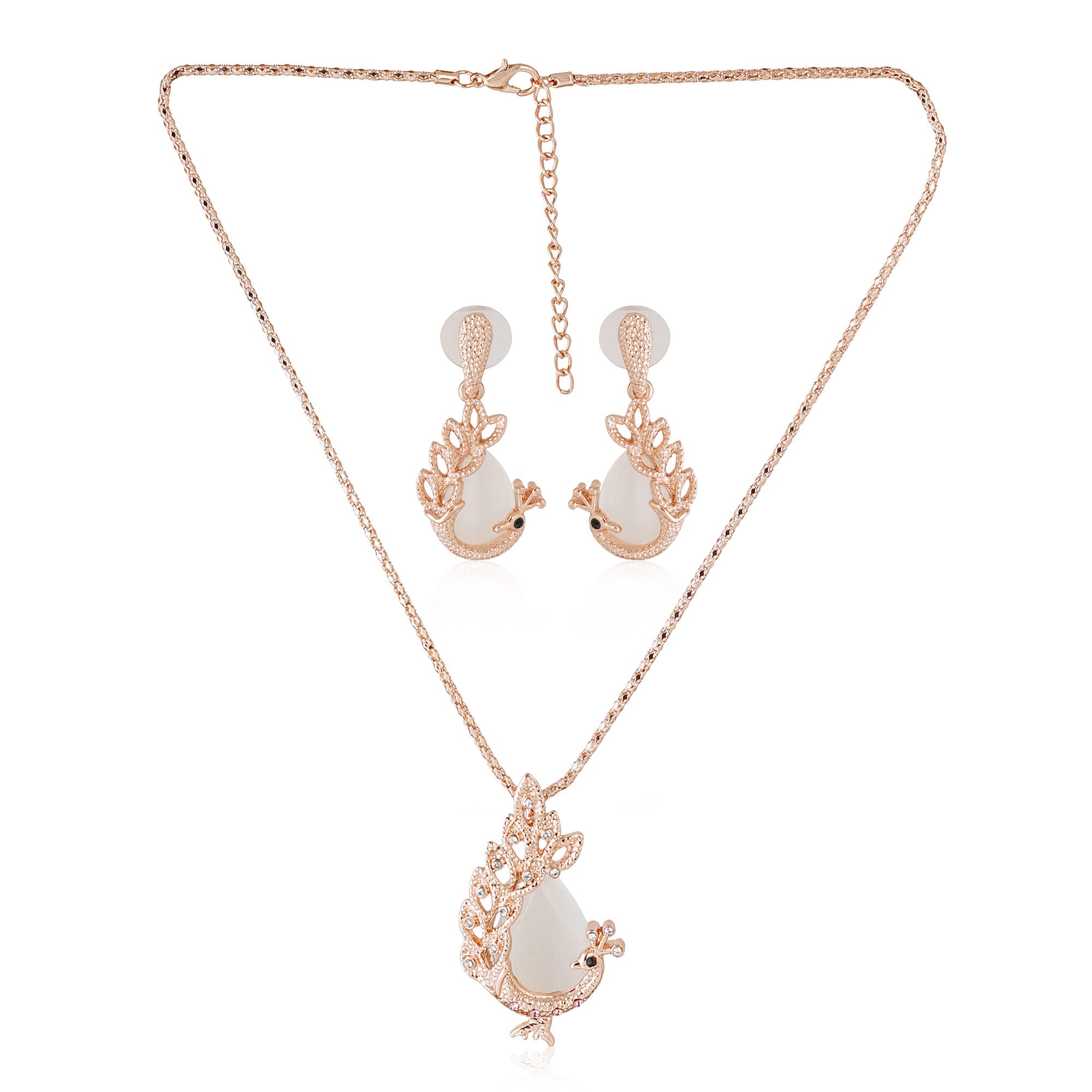 Estele 24kt Rose Gold Plated Textured Peacock Necklace and Matching Earring for Women with Austrian Crystals and Moonstone Cabochons (B08D89CZ7K) Amazon Price History, Amazon Price Tracker