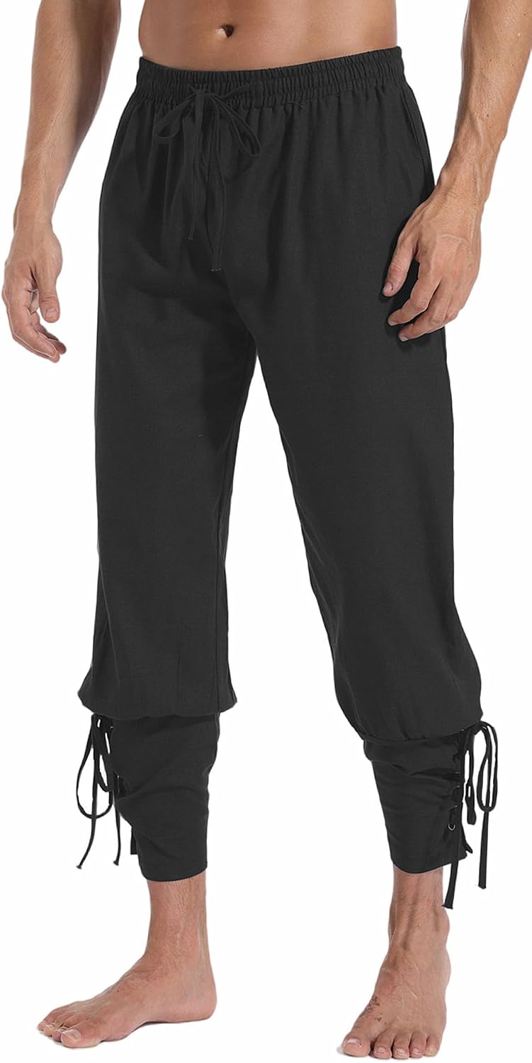PACEIADTA Men's Ankle Banded Pants Medieval Viking Navigator Pirate Costume Trousers Renaissance Pants (38, Black)