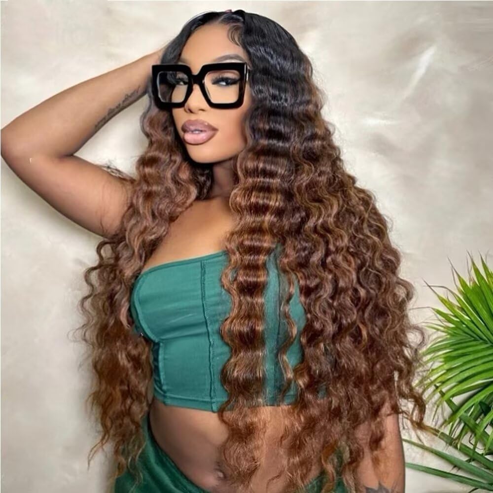 Ombre Brown Colored Loose Deep Wave Transparent HD 13X4 Lace Frontal Human Hair Wig Pre Plucked with Bleached Knots 180 Density Highlight natural Color mix Blonde Colored Deep Boy Wave Brazilian Hair