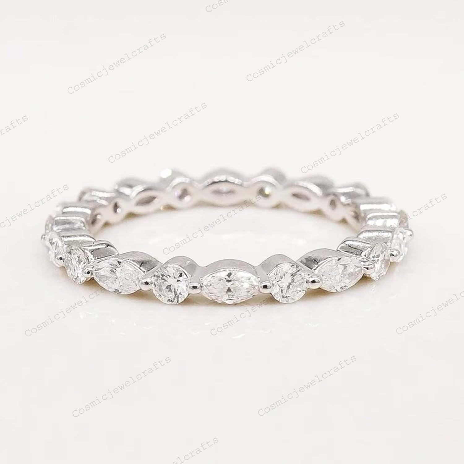 Vintage Marquise and Round Cut Moissanite Wedding Band 14k Yellow Gold Matching Stacking Eternity Shared Prong Set Band Handmade Jewelry Gift for Lover