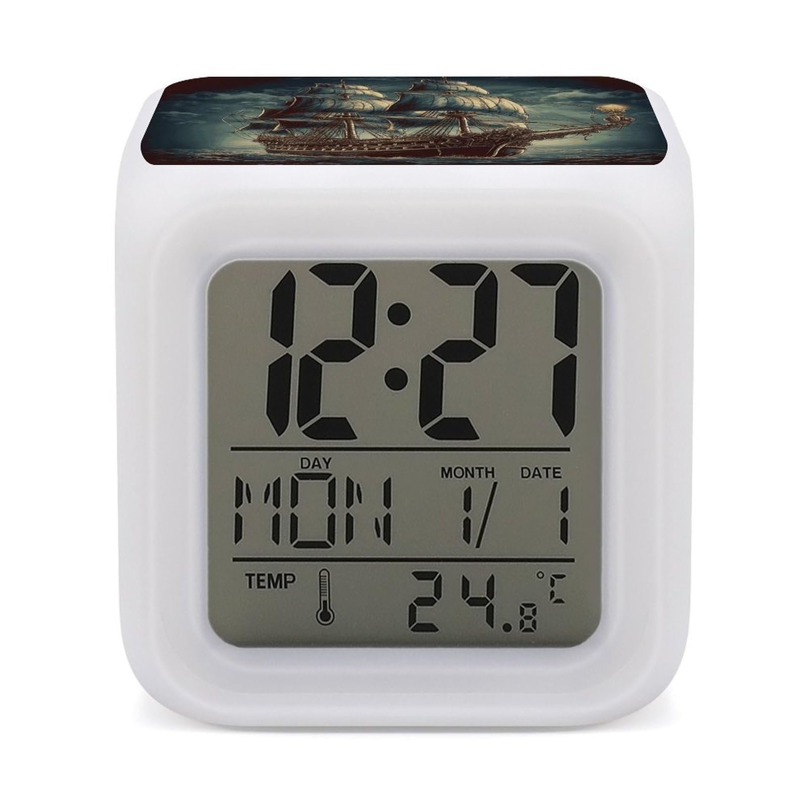 VstaDank Nautical Vintage Sailing Pirate Ship Digital Alarm Clock LED Display Screen Color Change Alarms Clock Smart Alarm Clock Wake Up Digital Clocks with 7 Color Nightlight for Bedroom