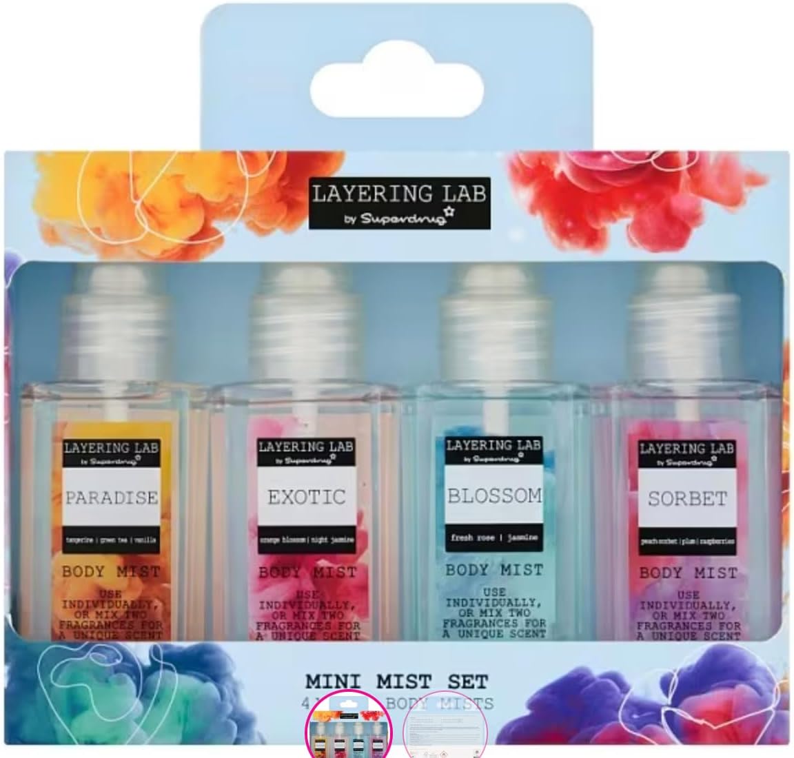 Layering Lab Mini Body Mists Set Paradise, Sorbet, Exotic and Blossom Mist 4X50 ml Travel Size