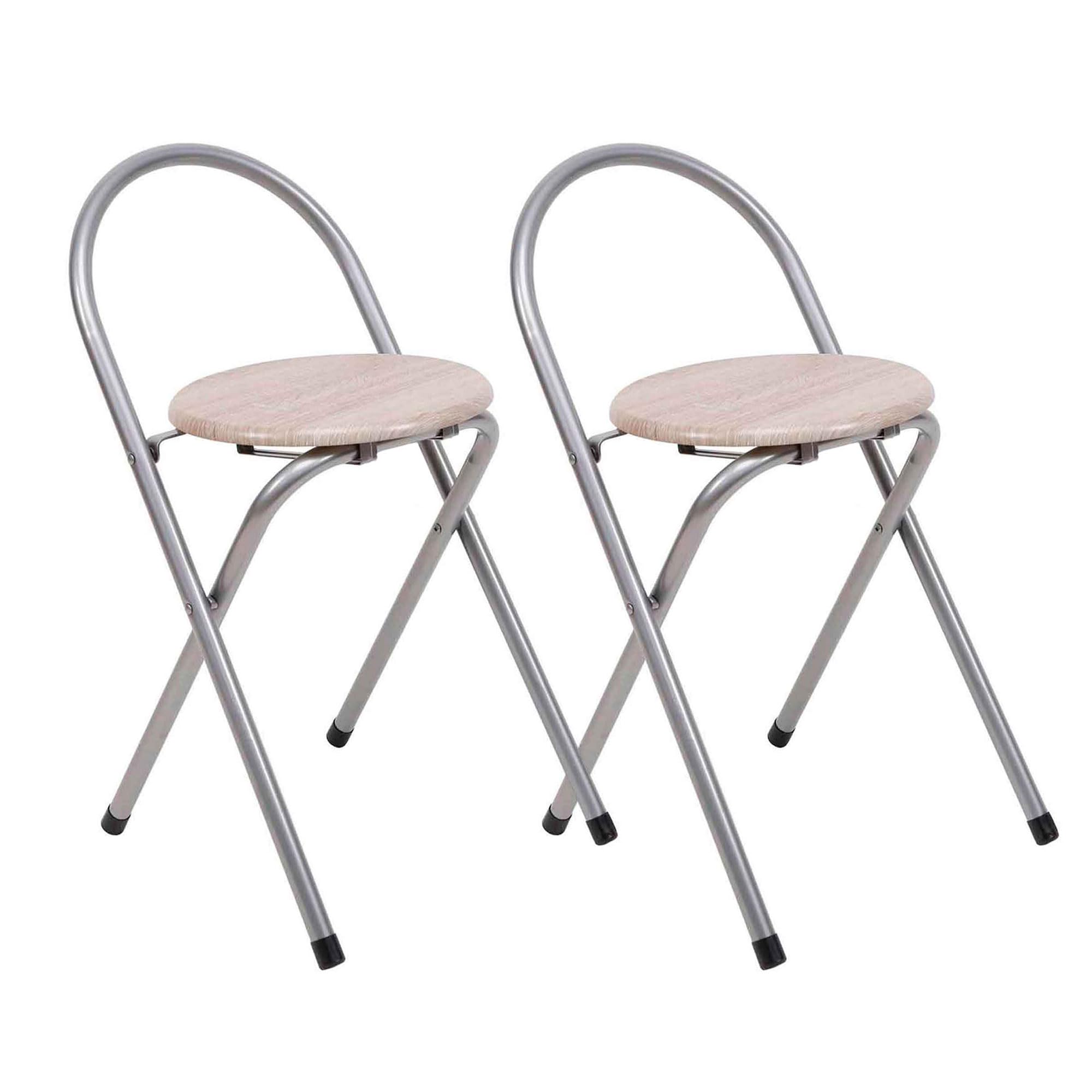 THE SECRET HOME - Pack de 2 Taburetes Plegables con Respaldo - Sillas Plegable de Metal y Madera - Decoración para el Hogar - Ideales para Cocina (Alto. 67 cm x Largo. 38 cm - Plateado)