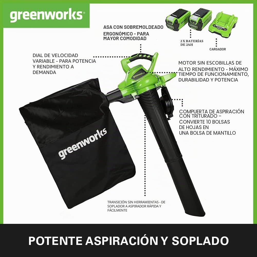 Greenworks GD40BVK2X Soplador Aspirador de Hojas a Batería con Motor sin Escobillas, 280 km/h, 9,63 m³/min, Bolsa Recogedora de 45L, Dos de las Baterías de 40V 2Ah y Cargador, Garantía de 3 Años