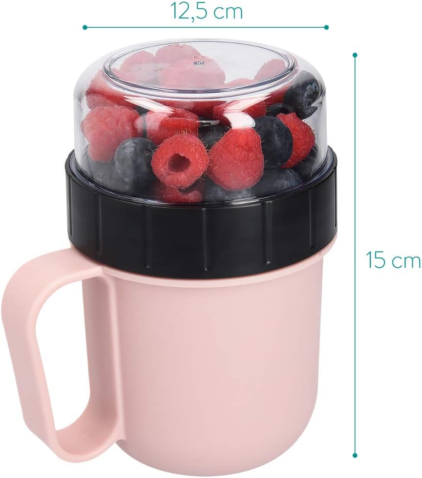 Navaris Breakfast to Go Cup - Portable 2-Piece Food Container Pot for Cereal, Yogurt, Oatmeal - Microwave and Dishwasher-Safe, BPA-Free - Pastel Pink