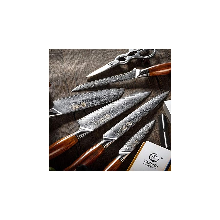 YARENH Kitchen Knife Set with Block, 8 Piece, Sharp Professional Chef Knife, 73 Layers Damascus High Carbon Stainless Steel, Full Tang Sandalwood Handle, Gift Box