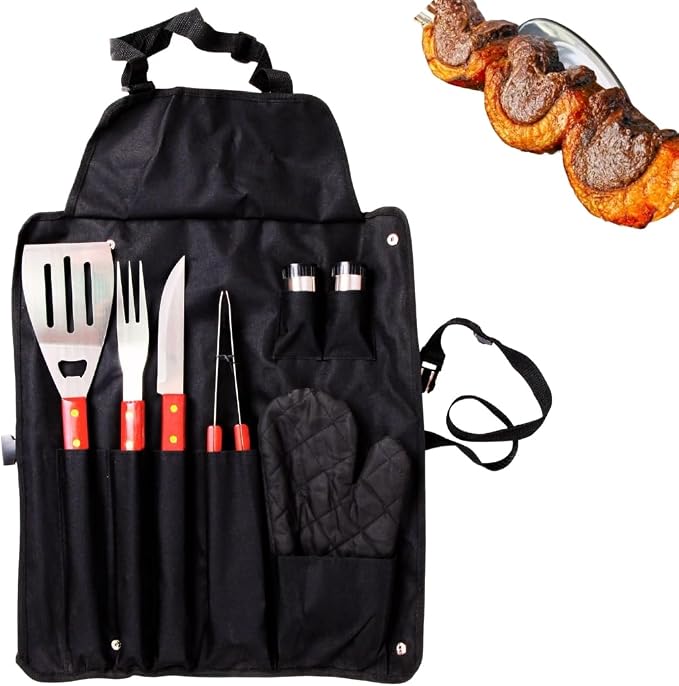 Kit Churrasco 8 Peças com Avental, Utensílios em Aço Inox, Cabo em Madeira Envernizada