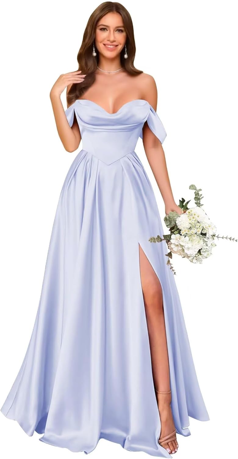 Satin Bridesmaid Dresses Off Shoulder Pleated Formal Party Gown with Slit Maxi Prom Dress for Women Elegant