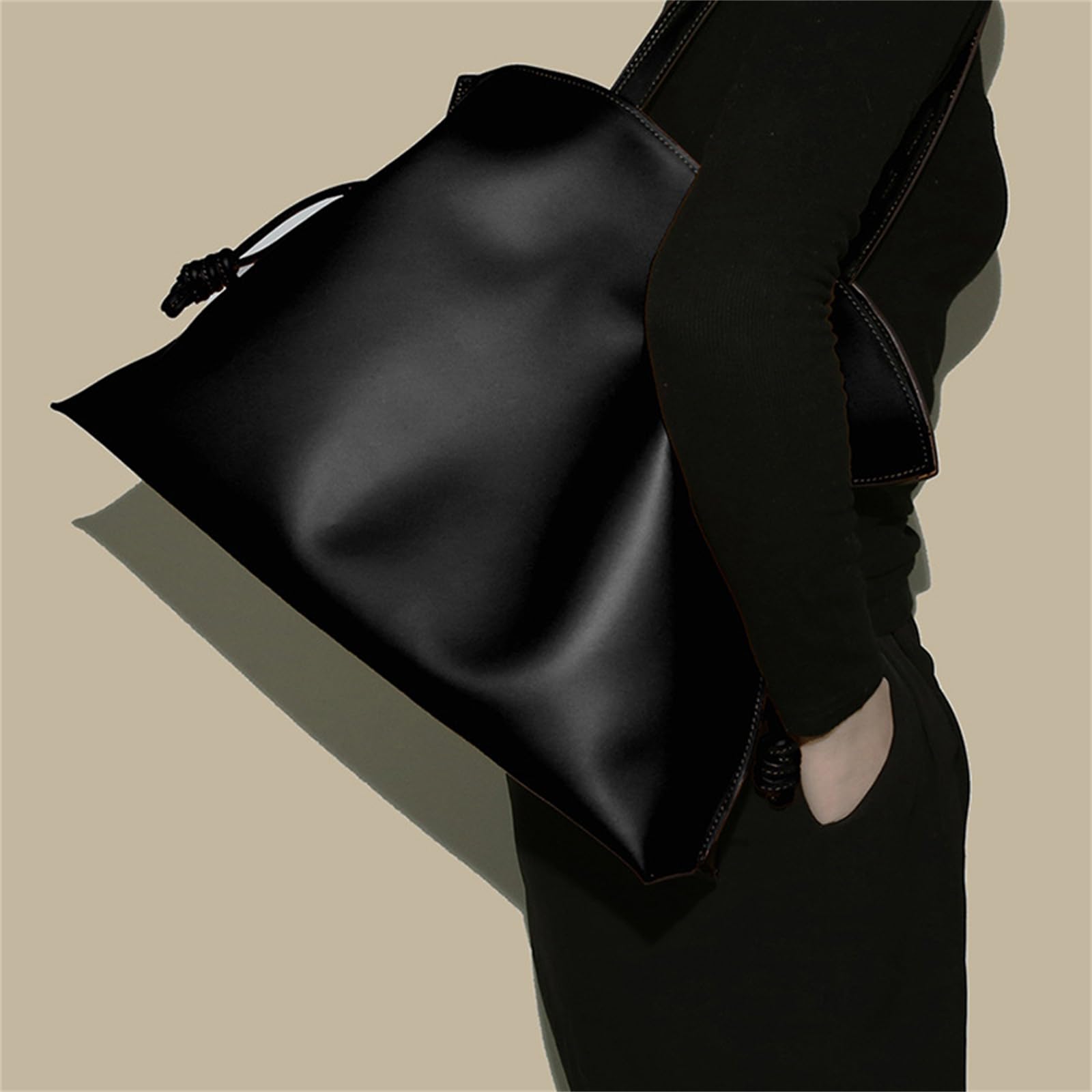 BIG TOTE SHOULDER BAGS- Women's High-End Solid Color Tote Bag Large Capacity Drawstring Leather Handbag: One Size Black
