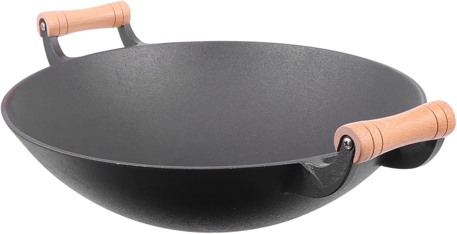 Thick Cast Iron Wok Wooden Handle Round Bottom Non-stick Pan for Home Cooking