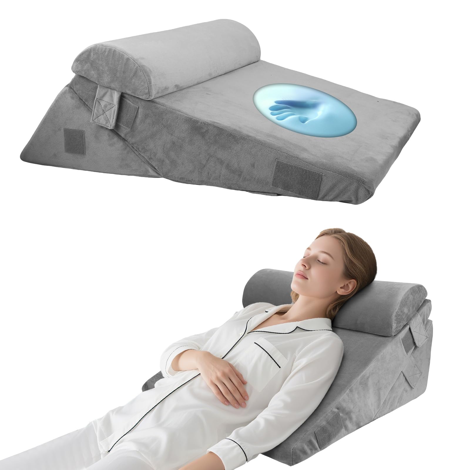 Lot de 3 coussins en forme de cale réglables avec surface en mousse à mémoire de forme pour le lit, coussin de dossier triangulaire avec soutien dorsal pour se lever 56 × 56 × 26 cm