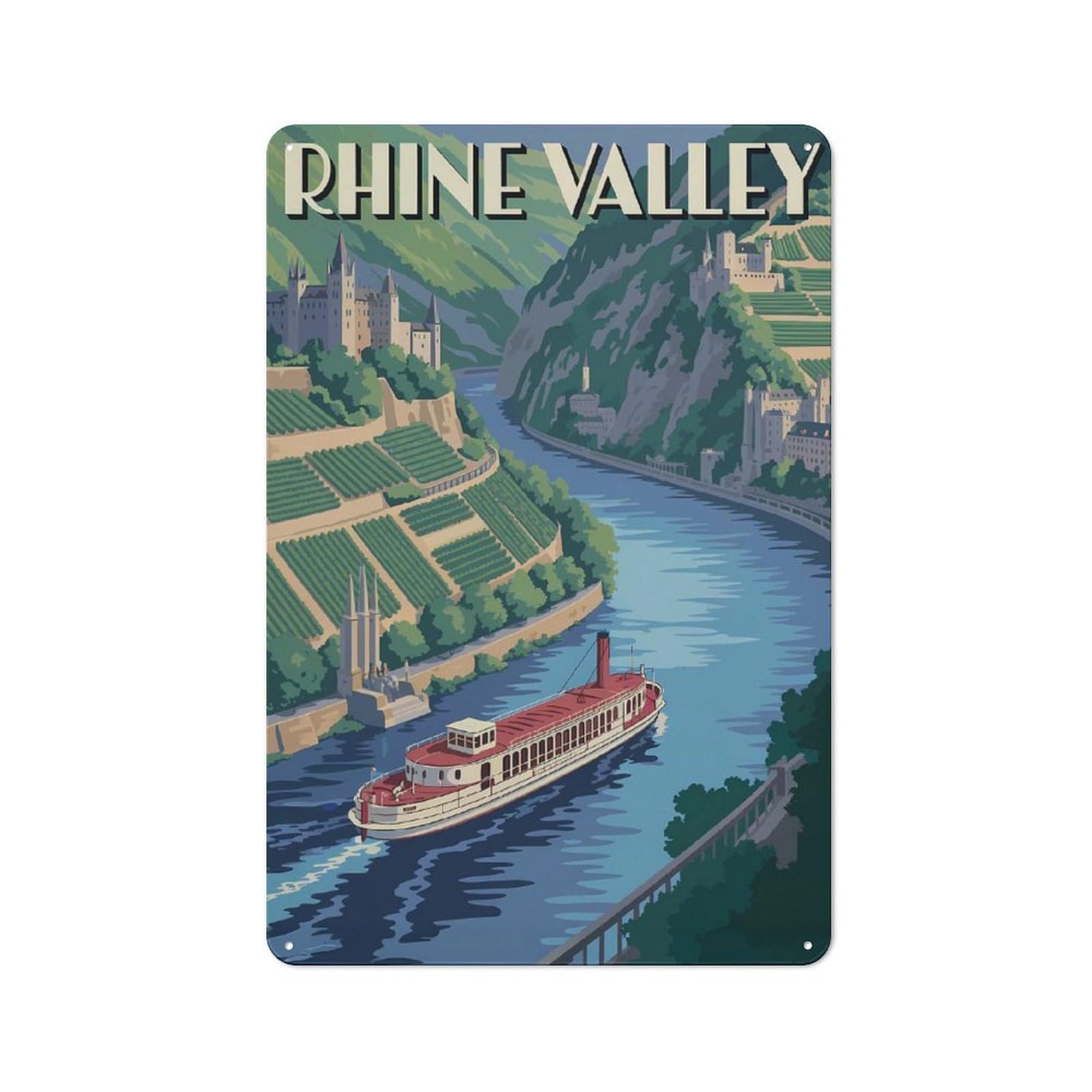 Junmoney Style-18 Vintage Metal Plaque 30X20cm Featuring Rhine Valley Vintage Travel, Diner Style Decor For Restaurant, Kitchen, Counter Or Breakfast Nook