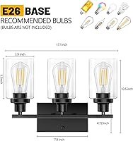 Vista 5 de Lámparas de baño, 3 luces de tocador con base E26, moderna lámpara de tocador de baño con pantallas de vidrio transparente, luces de tocador negras