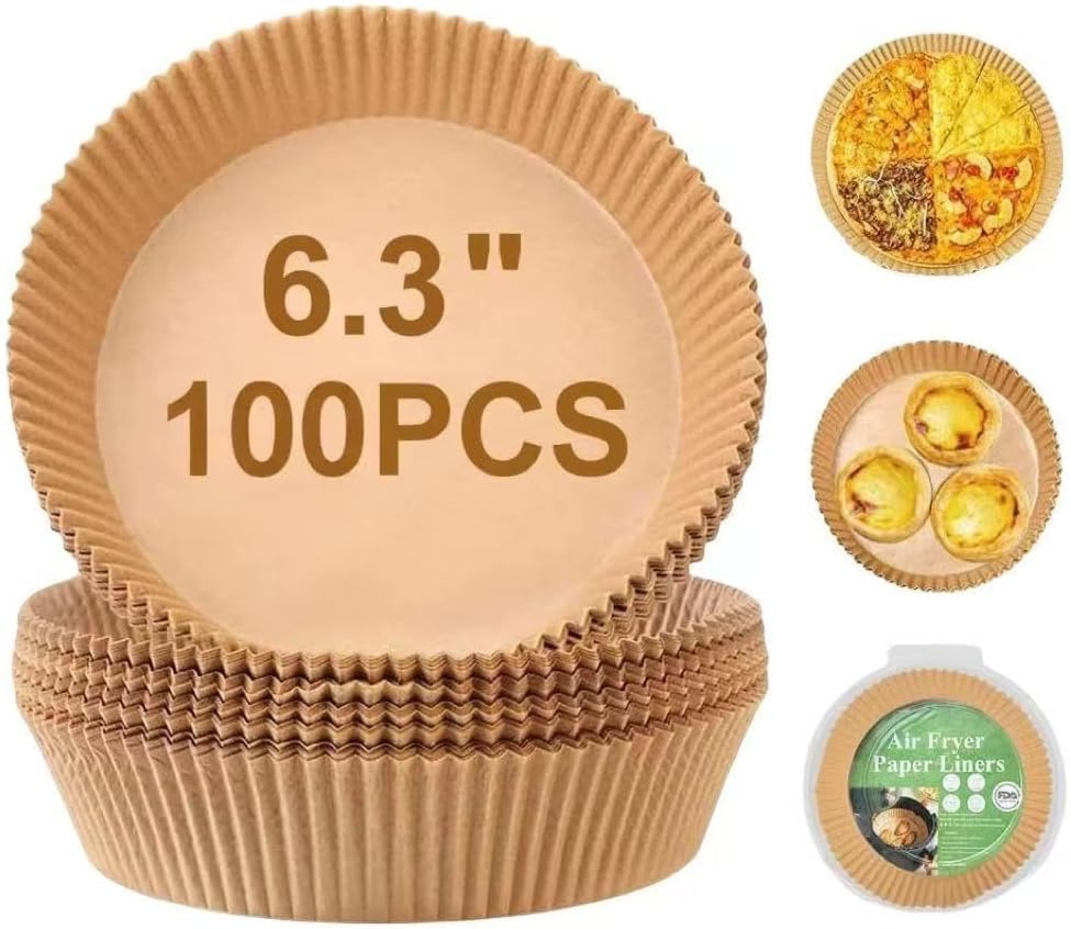 Image of 100 Pcs Air Fryer Paper Liners Round 16cm | Non-Stick Disposable Parchment Baking Paper | Oil-Proof & Heat-Resistant Food Grade Liners for Air Fryer, Oven, Microwave & Steaming