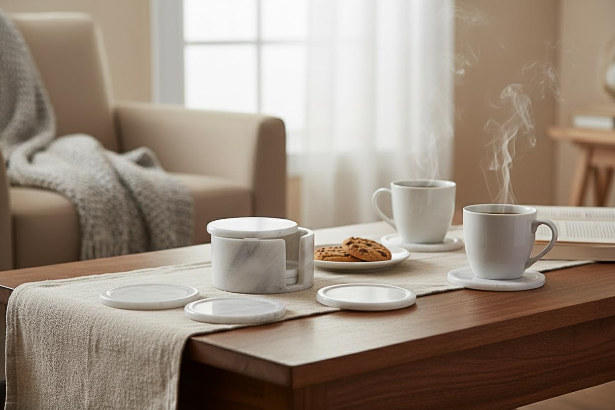 Marble Coasters for Drinks, Round White, Set of 6 with Holder, Decorative Table Protection