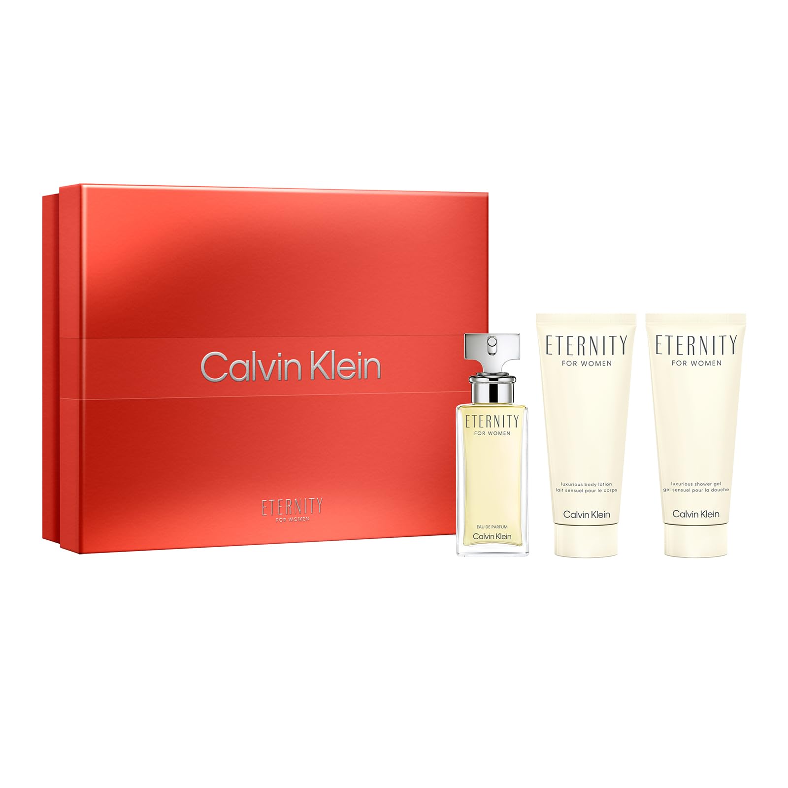 Calvin Klein Eternity Eau de Parfum for Women 3pc Gift Set ($145 Value) – 1.6 oz EDT, 3.3 oz Body Lotion, 3.3 oz Shower Gel – Bergamot, Lily, Rose, Sandalwood & Amber – Long Lasting Fragrance