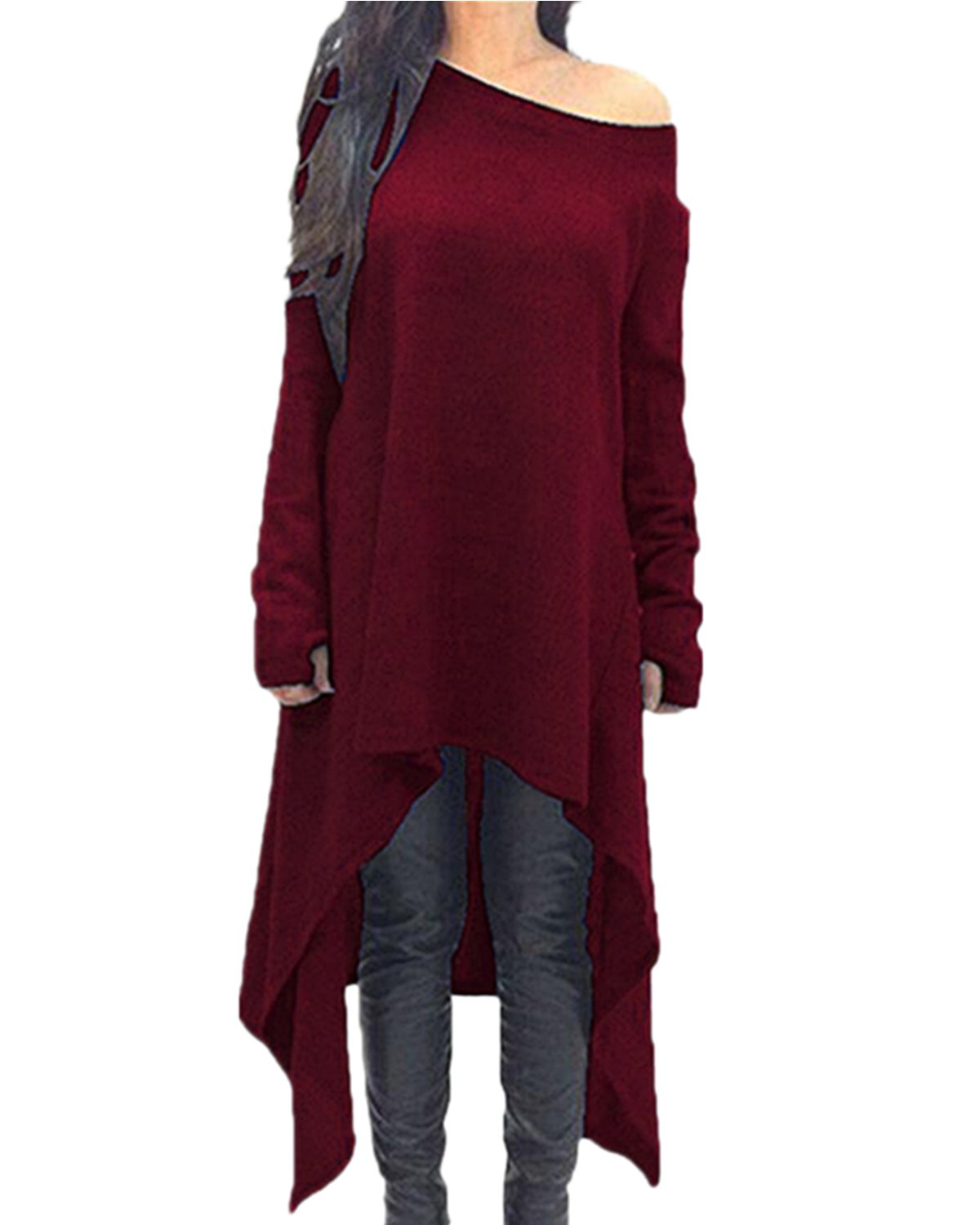 ZANZEA Femme Robe Pull en Maille Oversize HiverTunique Longue Grande Taille Robe Sweat Asymetrique 01-Bordeau M