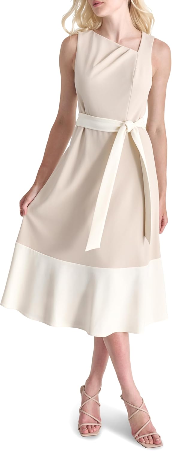 DKNY Women's Sleeveless Asymmetrical Neck Lined Midi Dress with Removable Belt - Image 2