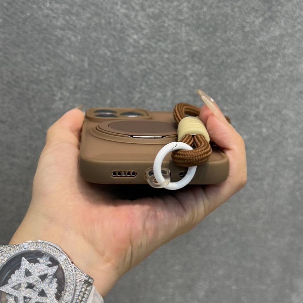 Magnetyczny uchwyt pierścieniowy, pasek na nadgarstek, etui z przewodem do iPhone'a 16 11 12 13 14 15 Pro Max Plus, matowe, odporne na wstrząsy, brązowe, do iPhone'a 15 Pro Max