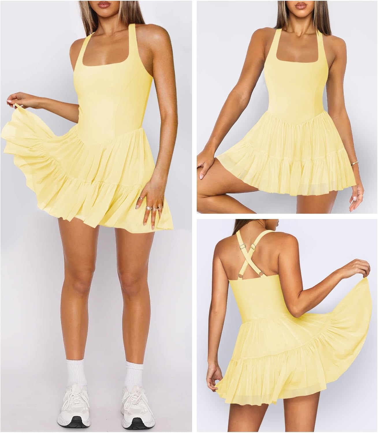Women's Tennis Flowy Pleated Ruffle Athletic Dress for Women Halter Neck Sleeveless Mini Golf Dress with Shorts Pocket - Image 2