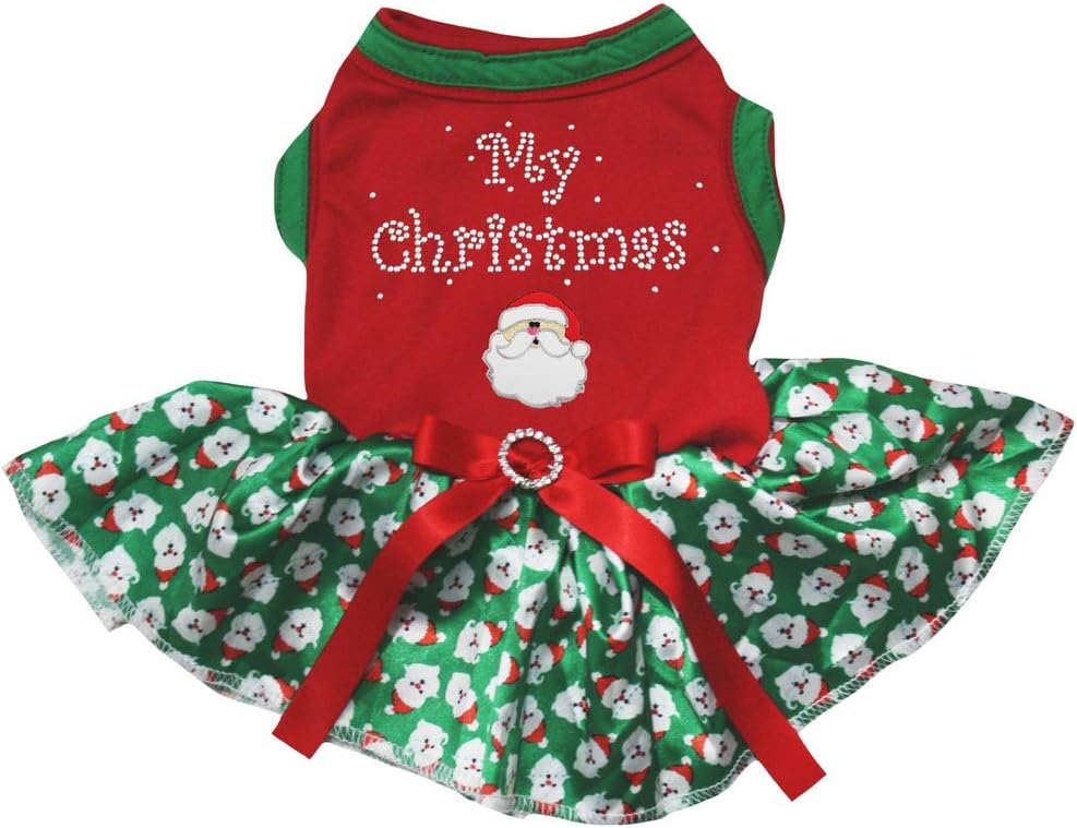 Petitebella My Christmas Santa Claus Puppy Dog Dress (Red/Green Santas, X-Small)