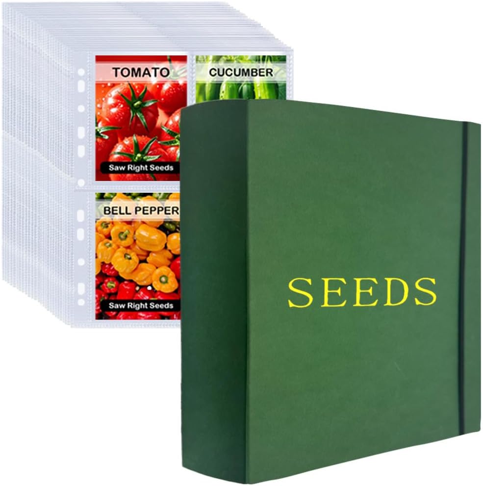 Extra Large Seed Storage Organizer Binder,3 Ring Seed Packet Organizer with 200 Pockets(50 Pack Clear Sheet Protectors), Garden Seed Holder Book for Envelopes, Seed Saving Keeper, Green