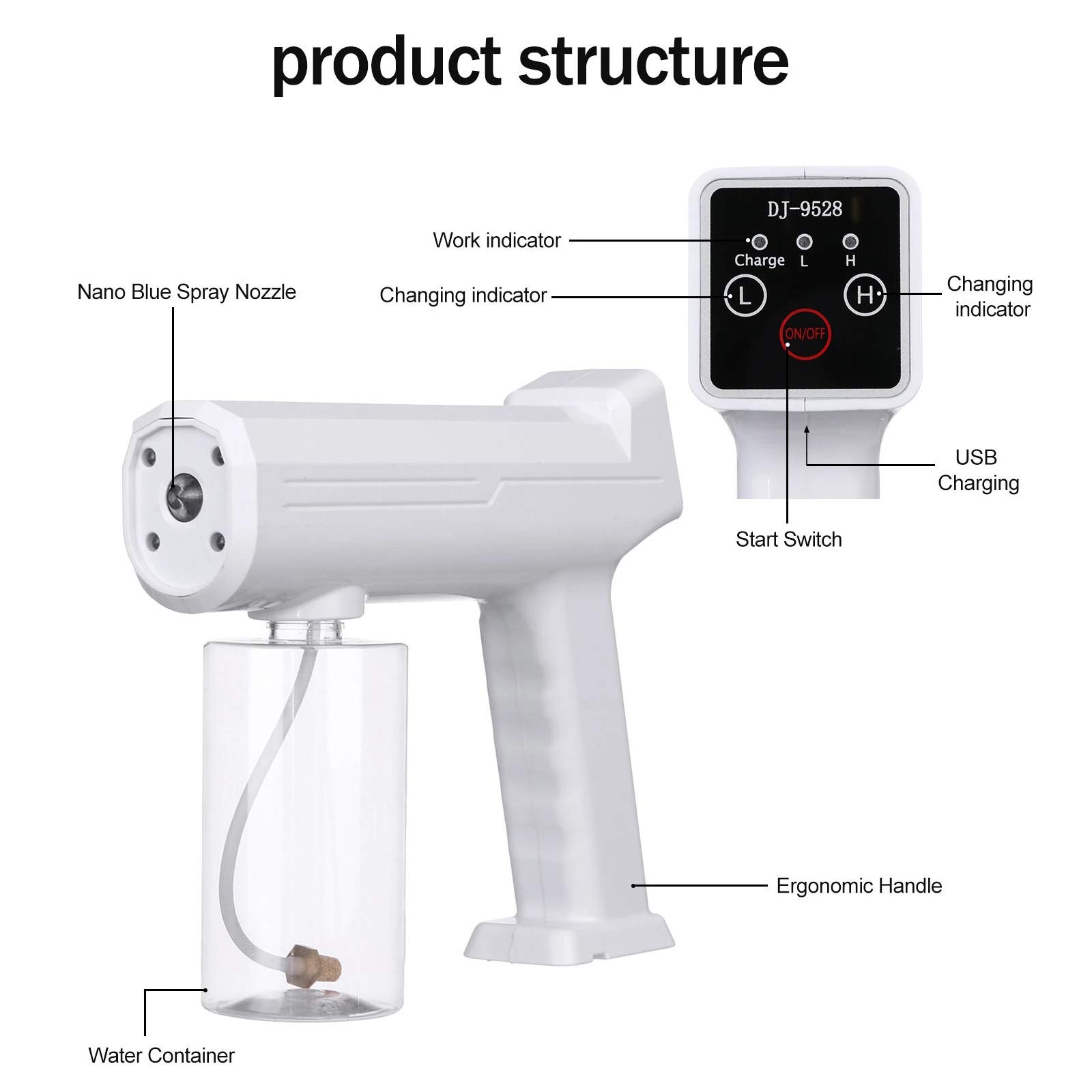 Portable Nano Disinfectant Spray Gun, Touch Screen Rechargeable Electric Sprayer, 300Ml Wireless Portable Electrostatic Mist Fogger Machine, Blue Ray Handheld Nano Spray Gun Atomizer for Office Room C