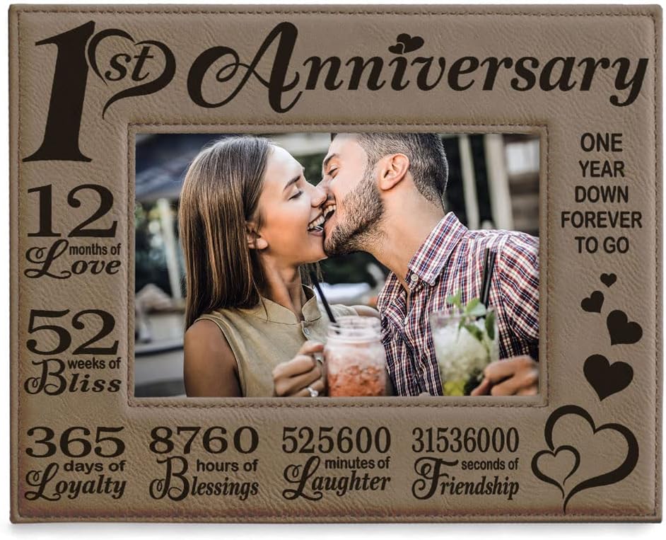 KATE POSH - Our First Anniversary Engraved Leather Picture Frame - Couple Gifts, Him & Her, Paper & First Wedding Anniversary Photo Gifts (5x7-Vertical)
