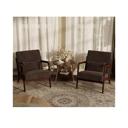 Garvee Mid-Century Accent Chair Set of 2, Sherpa Upholstery, Cozy Reading Chair, Modern Lounge Armchair with Lumbar Pillow, Sturdy Wood Frame, for Living Room, Bedroom, Office, Brown