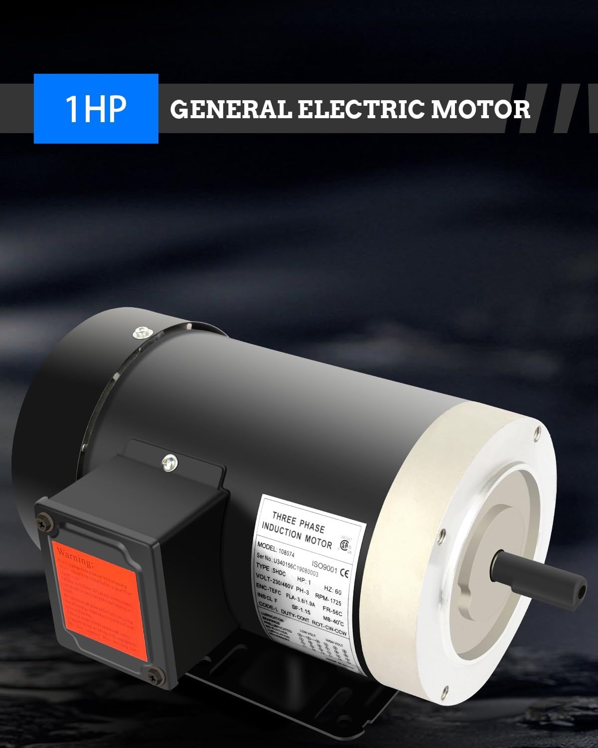 1HP Electric Motor 1725 RPM, Three Phase General Motor,56C Frame, 5/8" Shaft Diameter Rolled Steel Shell 60HZ 230V/460V