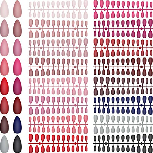 384 Pieces Short Matte Stiletto Press on Nail Almond False Nails Full Cover Fake Nails 16 Solid Colors Stiletto Fake Nails Artificial Almond Nails for Women Girls Nail Art Salon DIY (Elegant Colors)