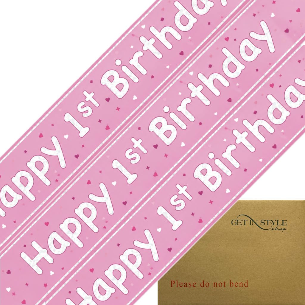 9ft Banner Happy 1st Birthday Light Pink Holographic Foil Pennant