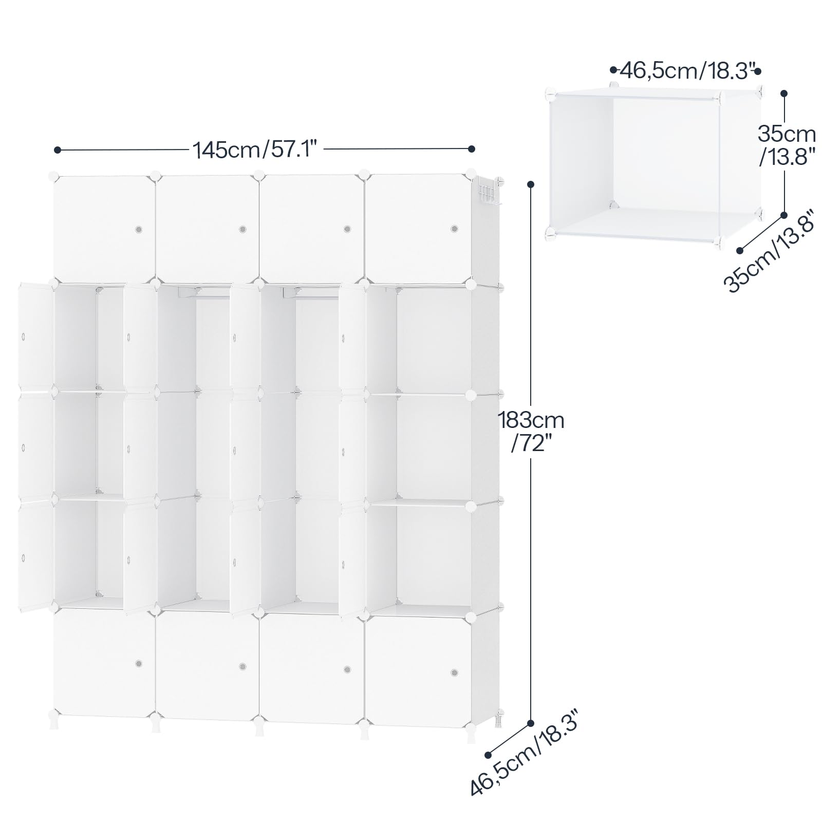 HOOBRO Armoire Penderie Modulable, 20 Cubes, Armoire Chambre Portable, Armoire de Rangement avec Portes et tringles, 2 patères, pour Vêtements, Chaussures, Jouets, Blanc EWT45LY01N1