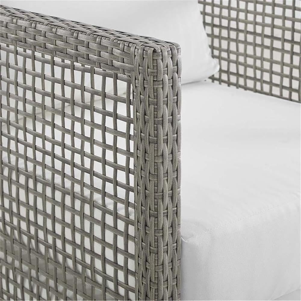 Pemberly Row 15.5" Outdoor Patio Armchair, Rattan & Fabric, Gray/White Finish, Powder-Coated Aluminum Frame, All-Weather Cushions, UV & Water Resistant, Anti-Skid Feet, Backyard or Poolside Seating