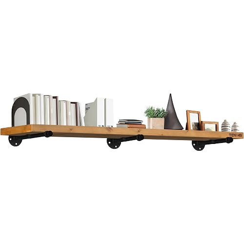 TEN49 Industrial Pipe Wood Wall Shelf - 60" Real Wooden Shelf w/ Special Walnut Color & 1.8" Extra Thickness - Modern Interior Decor Floating Shelving - Rustic Farmhouse Style Bookshelf - Set of 1