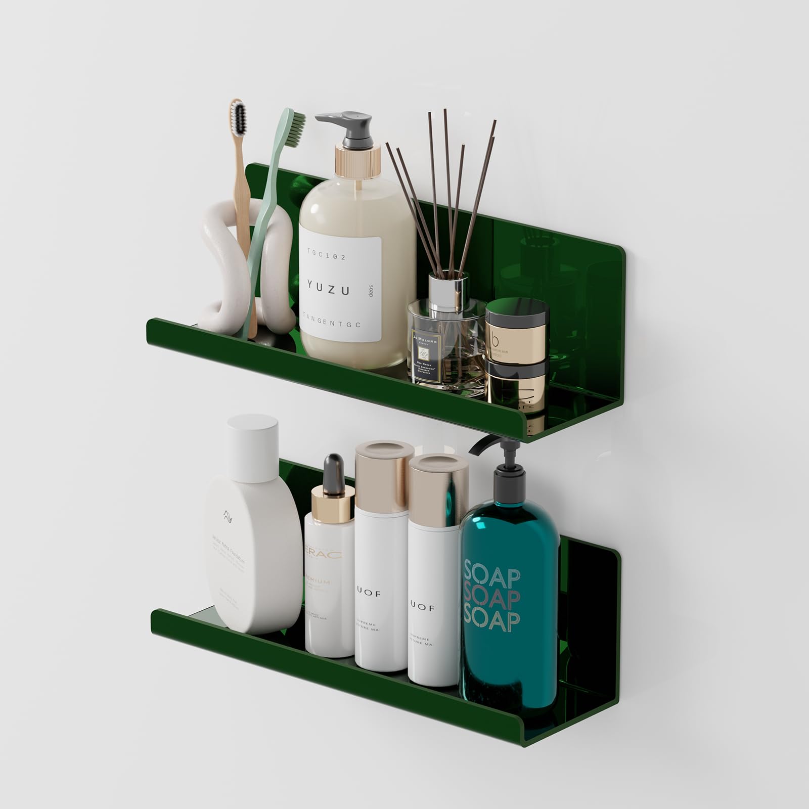 Toski 2Pcs Floating Wall Bathroom Shelves, Self Adhesive Shelf No Drill for Wall, Acrylic, 30 cm, Picture Book Shelf, Stick on Shelves Bookcase, Kitchen Bedroom Shelves, Green