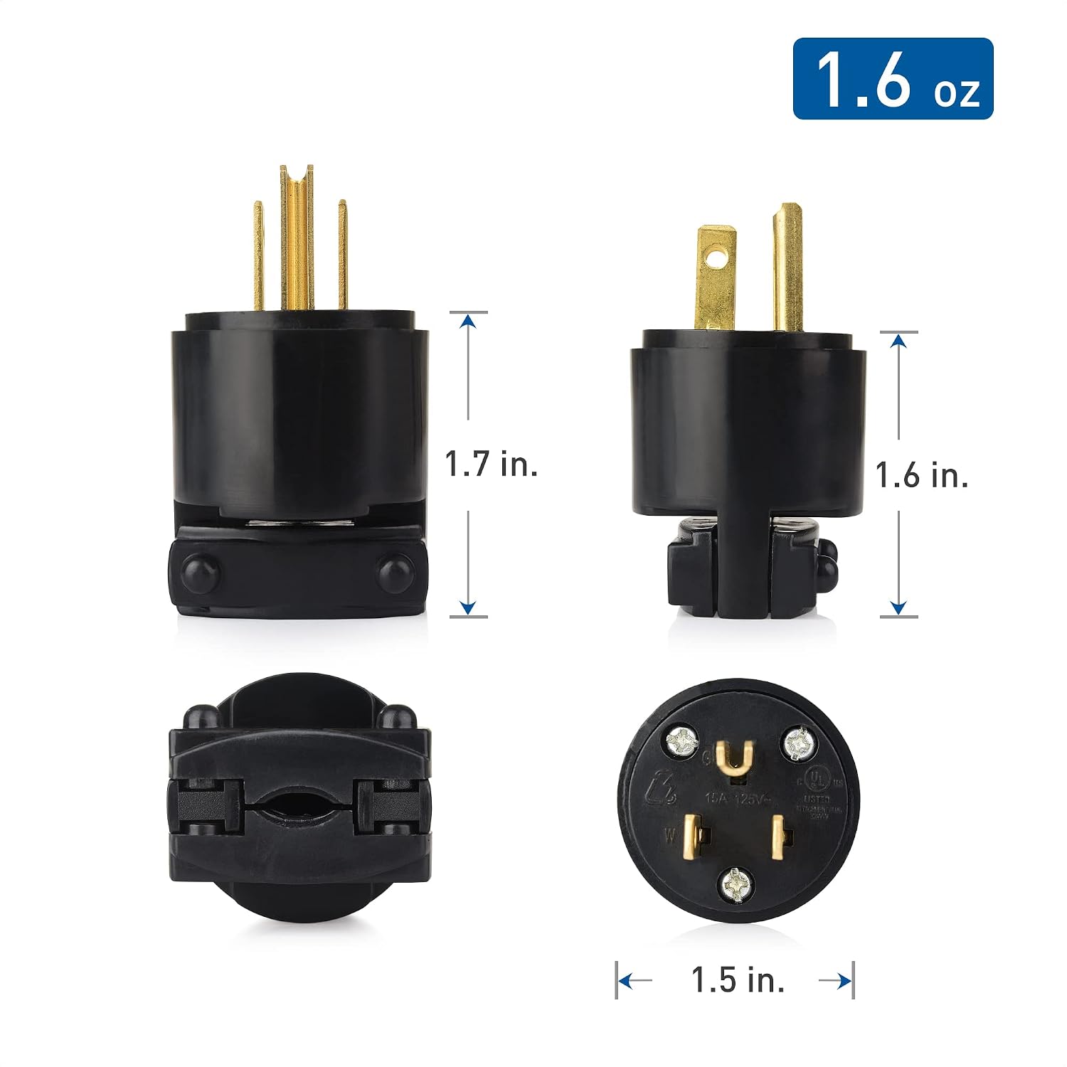 Cable Matters 3-Pack 15A 125V 3 Prong Replacement Plug, UL Listed (2 Pole 3 Wire NEMA 5-15P Straight Blade Electrical Plug) in Black