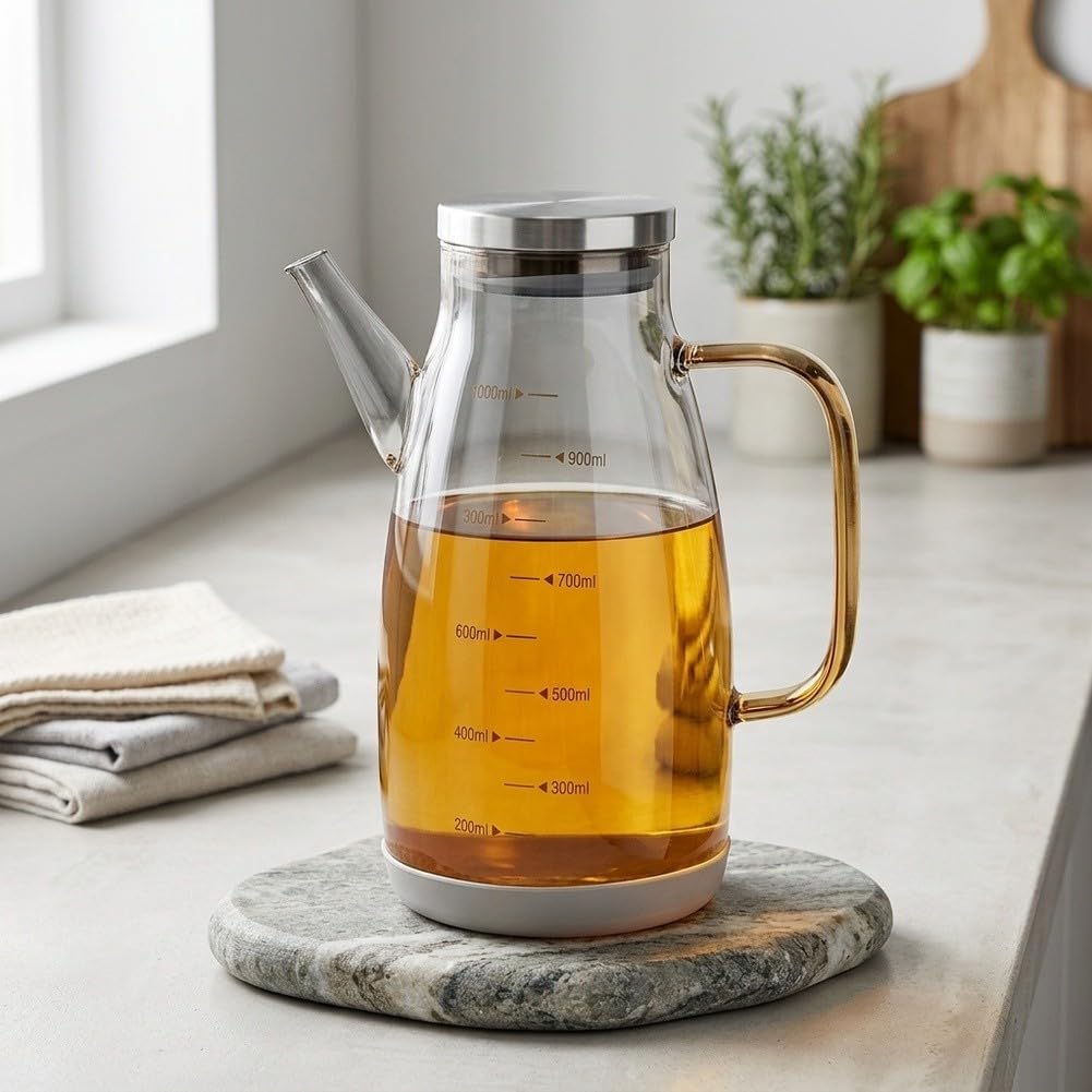 Dispenser per olio in vetro da cucina, 1000 ml / 34oz, con beccuccio salvagoccia e base in silicone, dispenser di aceto a prova di perdite, per olio da cucina e aceto, grigio