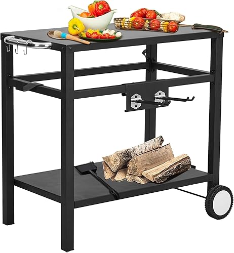 Carrito de comedor, carrito de parrilla al aire libre con doble estante, con 4 ganchos, asa lateral, ruedas, mesa de cocina para exteriores, cocina
