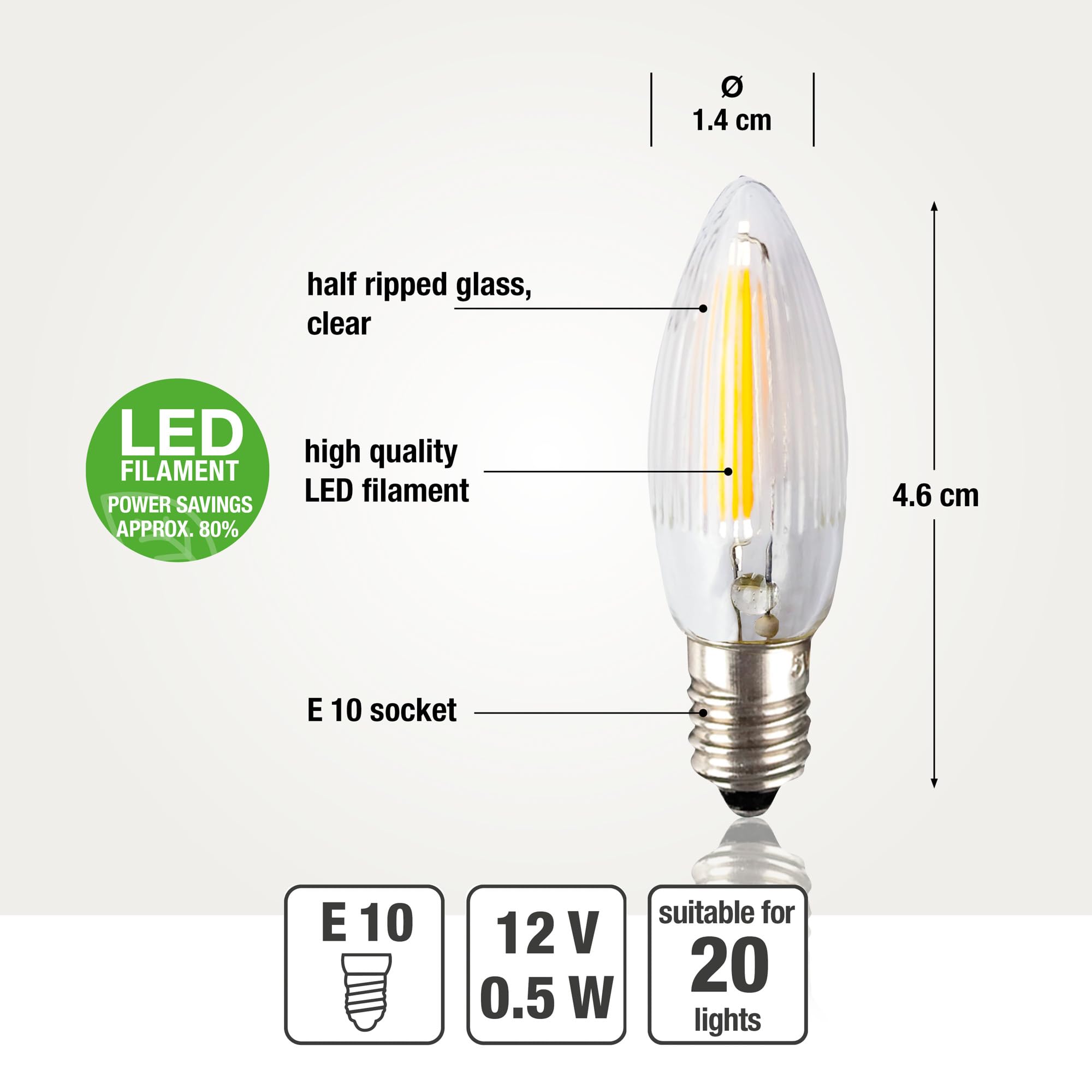 hellum Zapasowe świece LED filament 12 V 0,5 W do łańcuchów świetlnych i łuku świetlnego, 3 sztuki świec ryflowanych E10 (Ø 10 mm) pasują do 20 punktów świetlnych, 17 lumenów, zapasowe świece, łańcuch
