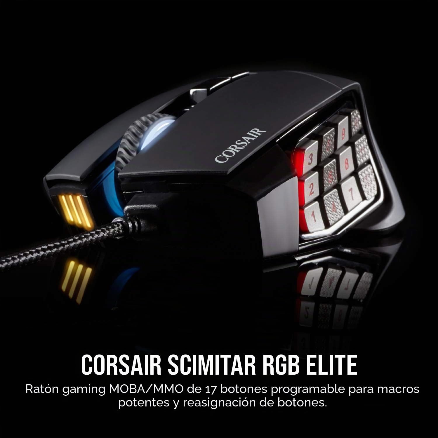 Corsair Scimitar RGB Elite MOBA/MMO Gaming Mouse Negro, Retroiluminado RGB LED, 18000 dpi, Óptico