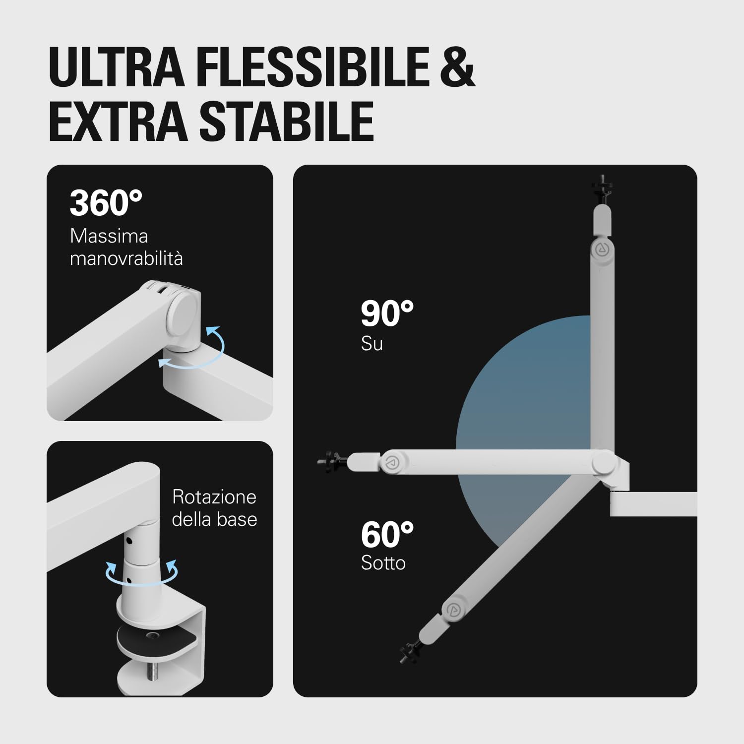 Elgato Wave Mic Arm Pro White - Braccio per Microfono a Profilo Basso Girevole a 360° con Molla a Gas, Compatibile con Microfoni Elgato/Shure SM7B/Rode/Blue Yeti & altri – Per Trasmissione/Podcast