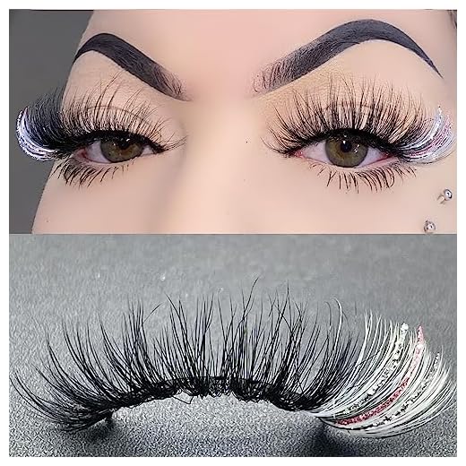 1 Pair Lashes White Colored Silver Pink Glitter False Lash 3D Cat Eye Eyelashes Natural Look Fake Eyelash Soft 20MM Faux Mink Lash Handmade Reusable By Miss Kiss …