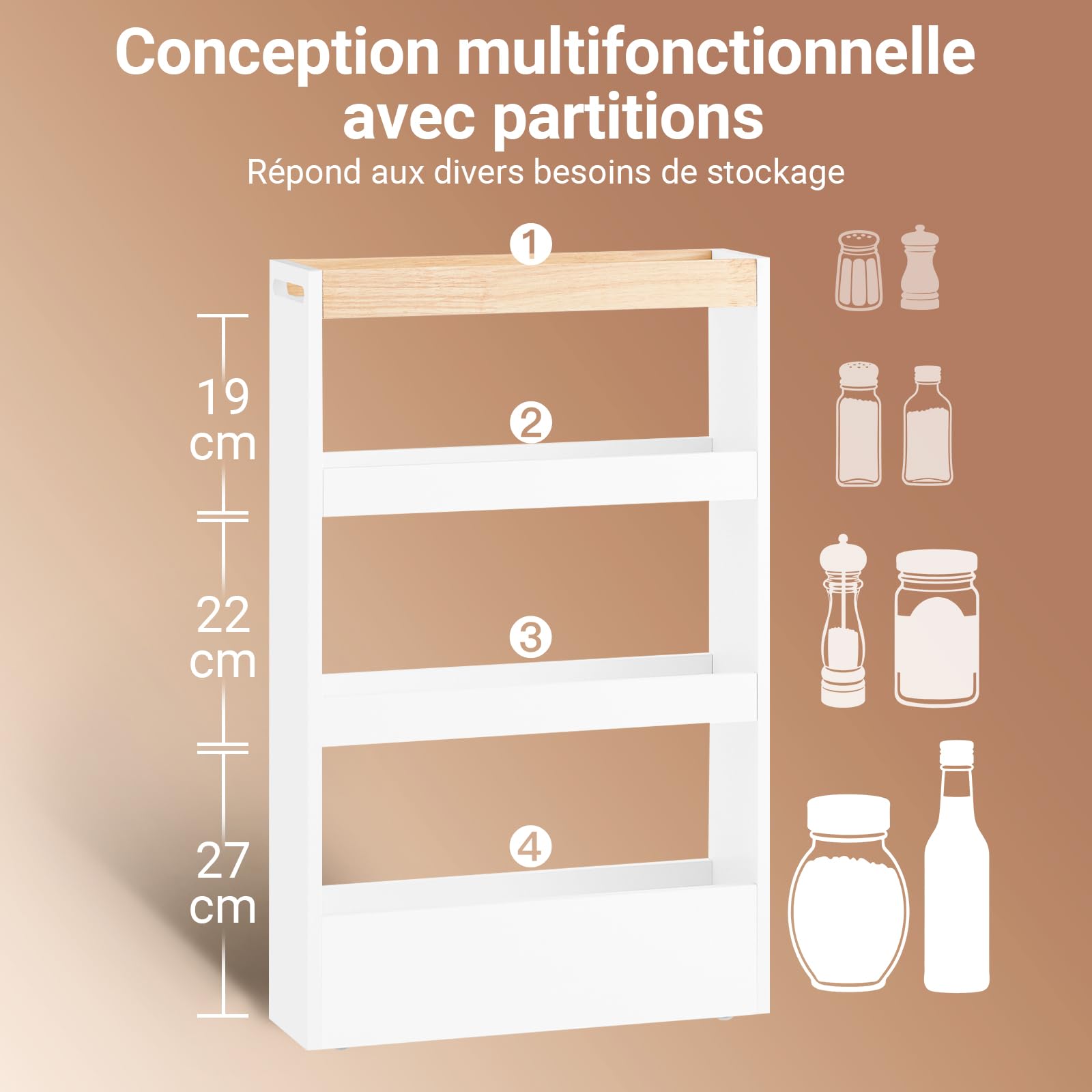 SoBuy Chariot de Rangement à roulettes 15 cm Desserte Cuisine Compacte à 3 Niveaux avec Poignée, Étagère Fine pour Cuisine, Salle de Bain ou Bureau, Meuble Rangement Blanc et Bois 15x50x80 cm NSR12-W